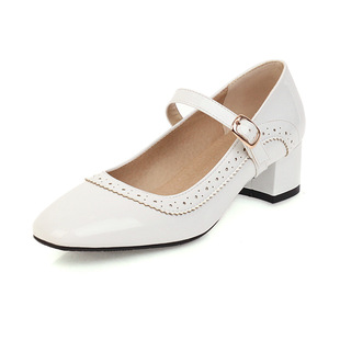 Spring 2020 new foreign trade comfortable chunky heel square toe shallow mouth 40-48 plus size buckle women's shoes