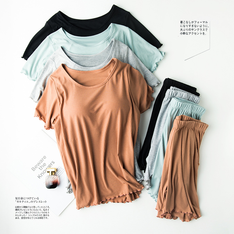 스레드 여성용 반팔 세트 브라-t 올인원 브라 프리 반팔 반바지 잠옷 느슨한 가정 의류