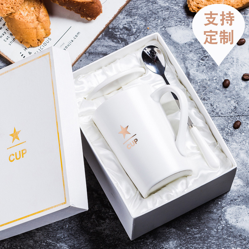 Taza de cerámica Taza de café Taza publicitaria Taza de agua con tapa Cuchara Caja de regalo Taza impresa Regalo LOGO