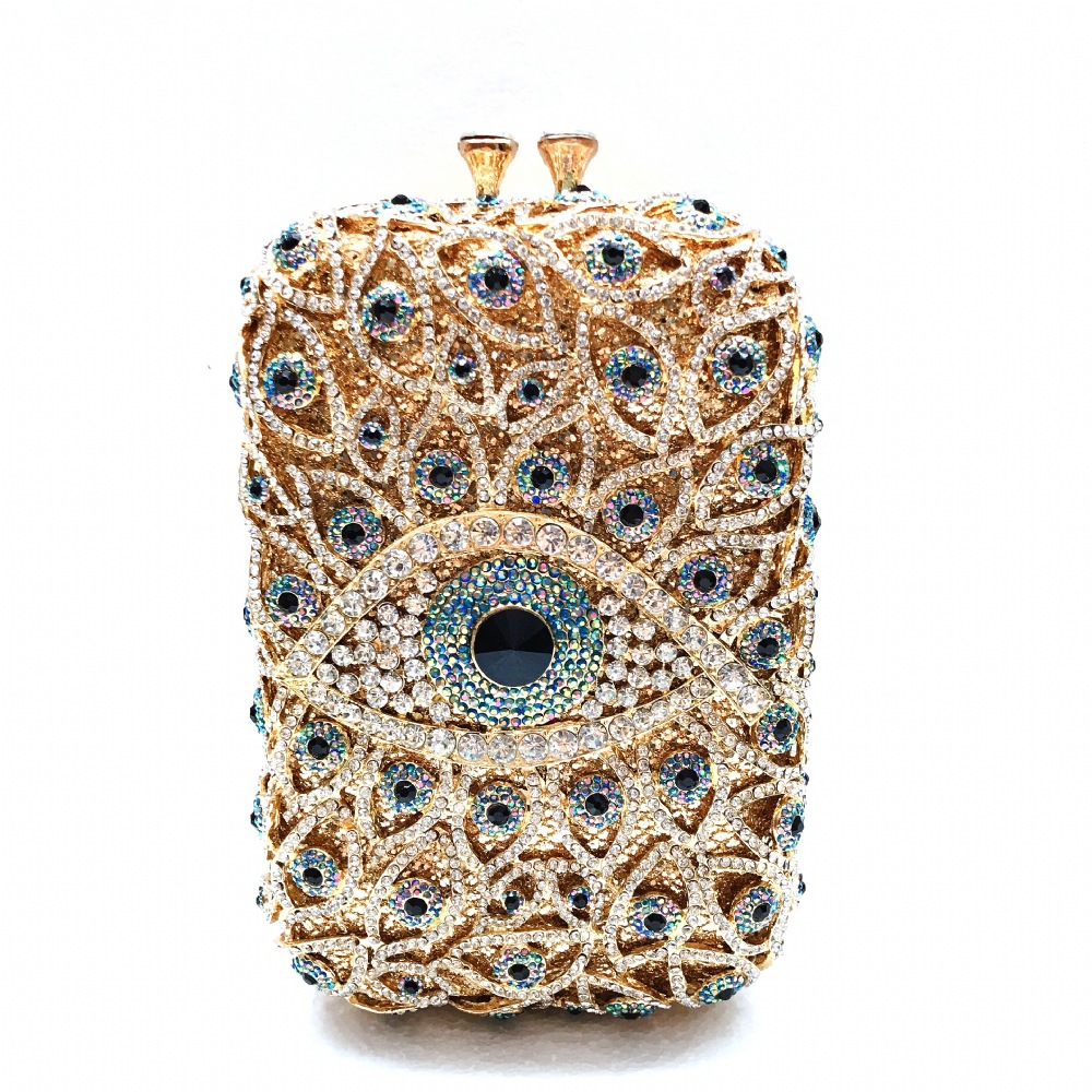 Túi clutch dạ hội đính đá pha lê kim loại rỗng kiểu dọc — Màu xanh lam, Vàng/Xanh đậm AB mắt, Màu bạc, Vàng/Con công xanh AB mắt