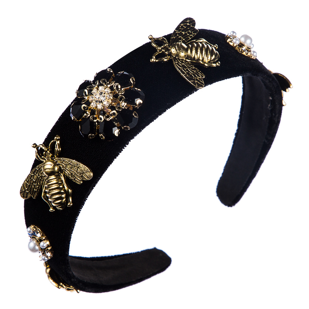 European And American Hairband Women'S Fashion Retro Court Style Baroque Style Headband Bee Wide Brim Gold Velvet Buckle Hairpin