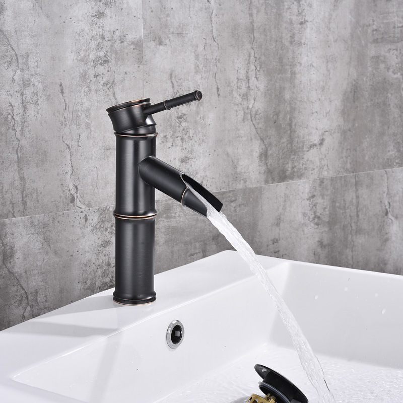 Grifo de Bambú para Lavabo de Cobre Agua Fría y Caliente Estilo Antiguo para Baño