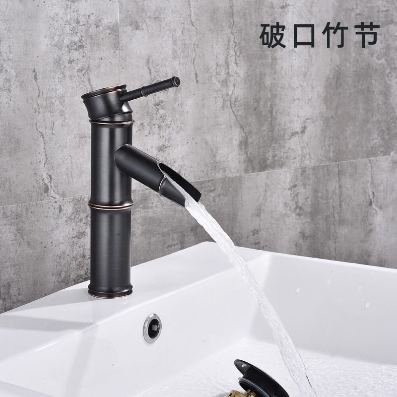 Grifo de Bambú para Lavabo de Cobre Agua Fría y Caliente Estilo Antiguo para Baño