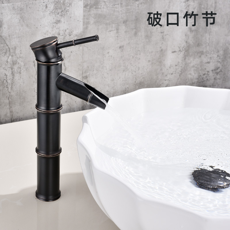 Grifo de Bambú para Lavabo de Cobre Agua Fría y Caliente Estilo Antiguo para Baño