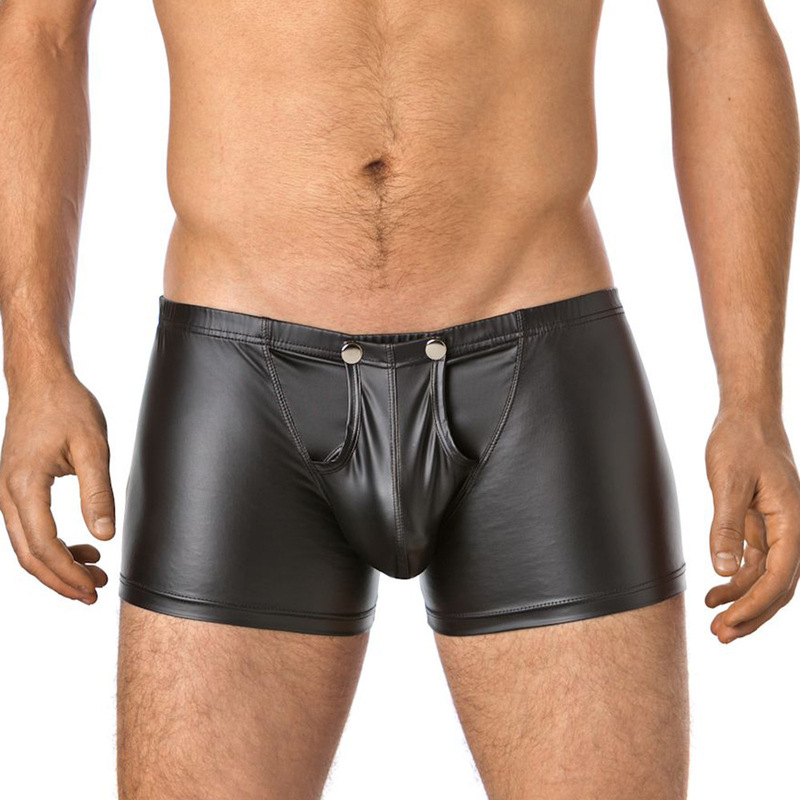 Cross-Border Amazon Sexy Patent Leather Men's Boxer Briefs Imitation Leather Sexy U-Convex Button Easy-To-Detach Boxer Briefs