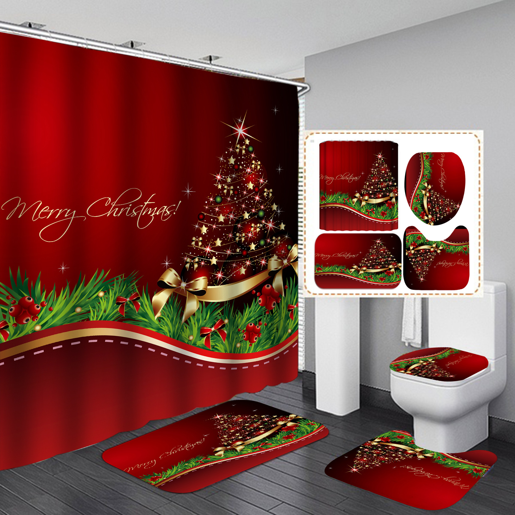 Nueva SERIE DE Navidad transfronterizo e-commerce HD Impresión digital árbol de Navidad Hotel baño Cortina de ducha suministro directo de fábrica
