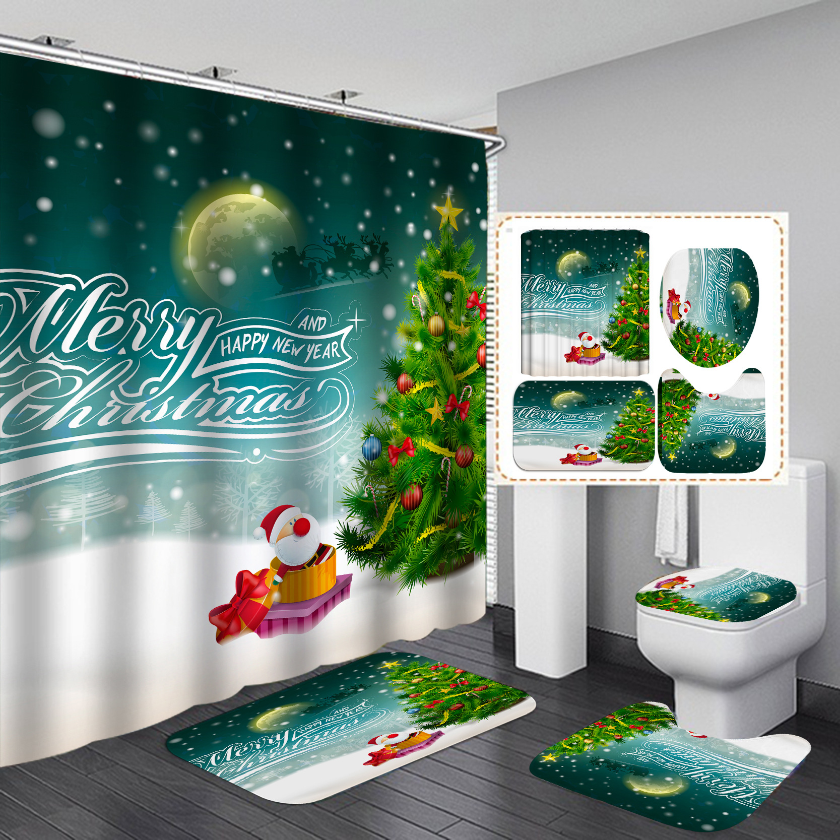 Nueva SERIE DE Navidad transfronterizo e-commerce HD Impresión digital árbol de Navidad Hotel baño Cortina de ducha suministro directo de fábrica