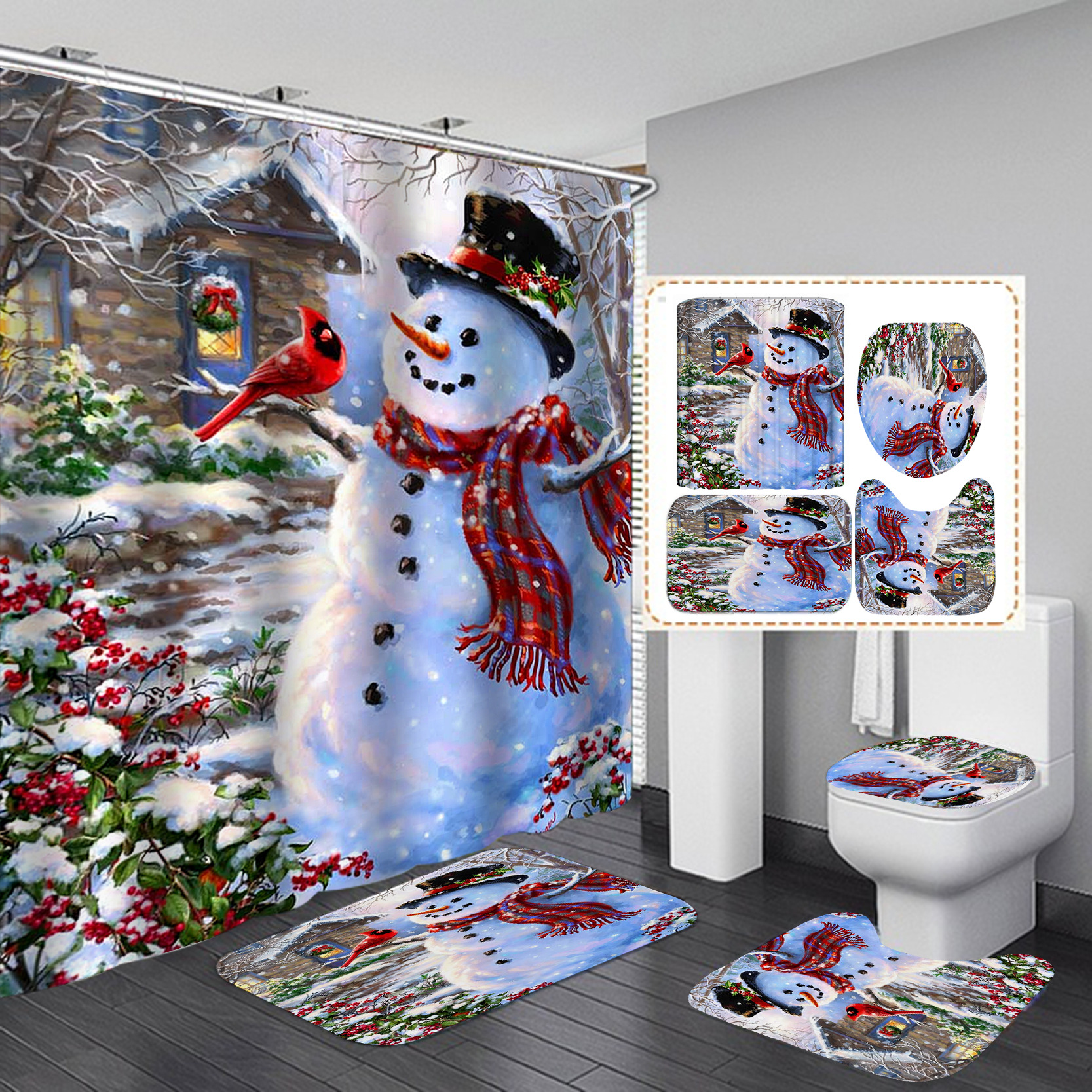 Suministro directo transfronterizo Impresión digital poliéster impermeable Navidad muñeco de nieve serie baño Cortina de ducha suministro directo de fábrica Cortina de ducha al por mayor