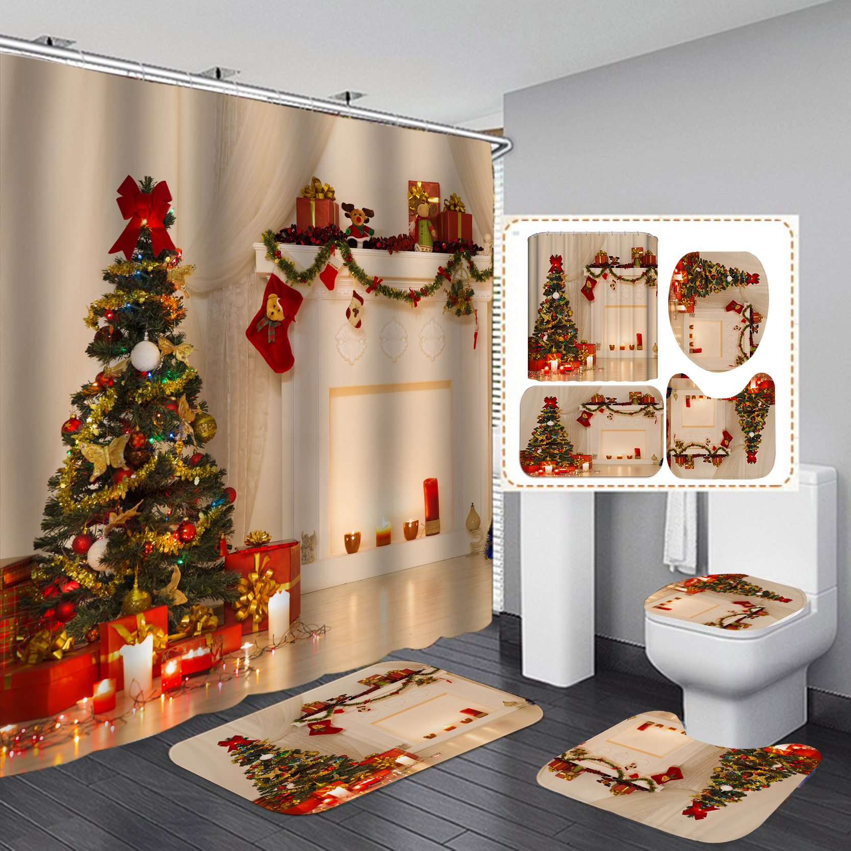 Nueva SERIE DE Navidad transfronterizo e-commerce HD Impresión digital árbol de Navidad Hotel baño Cortina de ducha suministro directo de fábrica