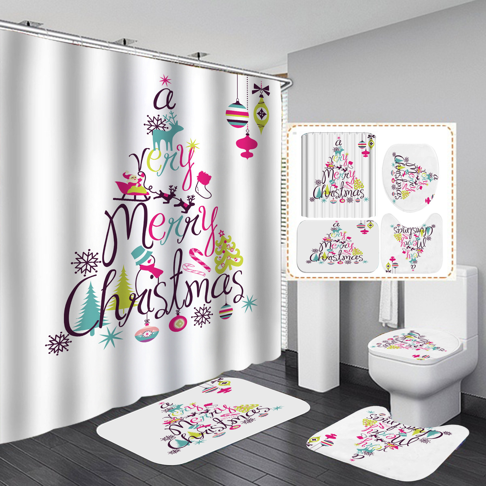 Nueva SERIE DE Navidad transfronterizo e-commerce HD Impresión digital árbol de Navidad Hotel baño Cortina de ducha suministro directo de fábrica