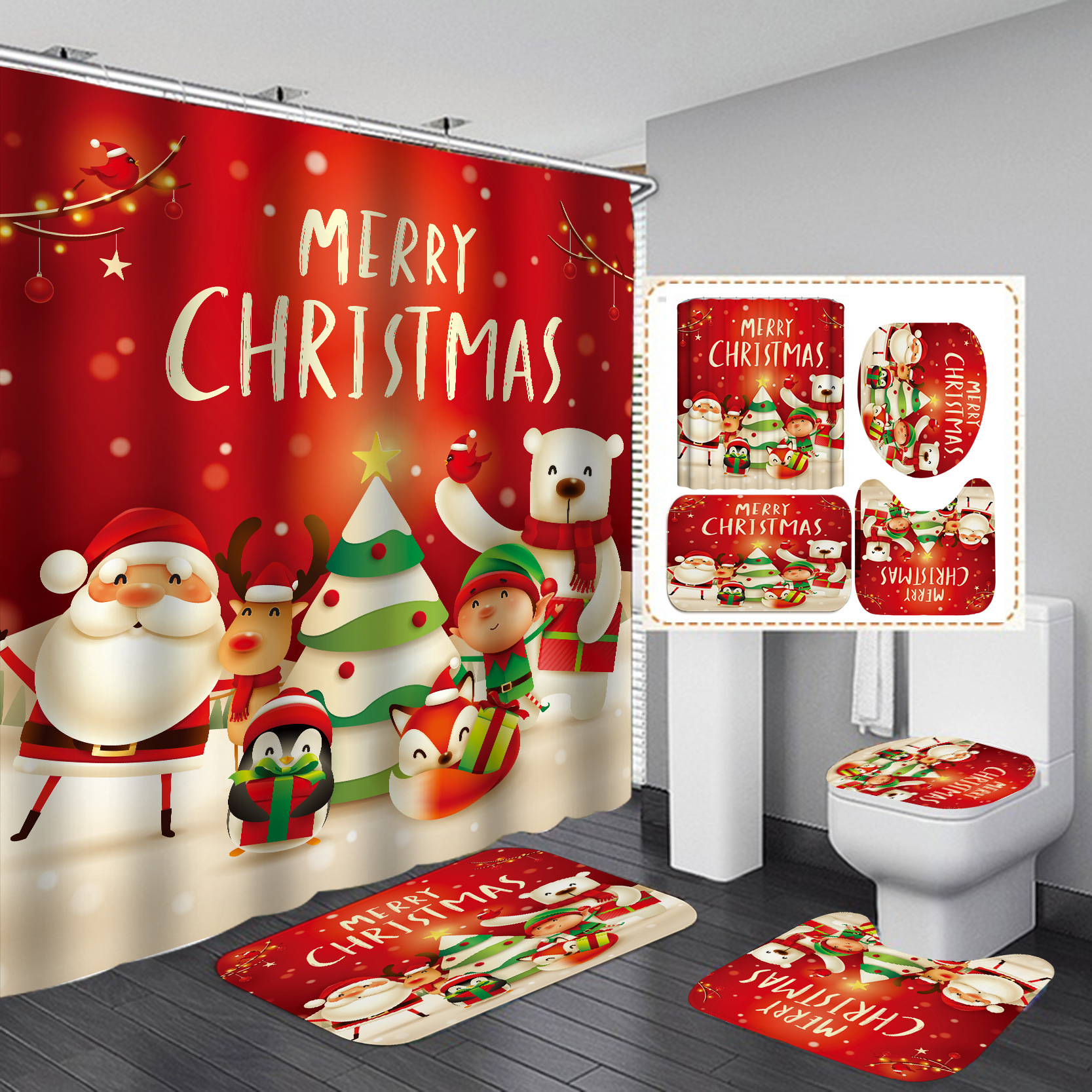 Transfronterizos calientes venta de impresión digital poliéster impermeable serie de navidad cortina de baño fábrica directa cortina al por mayor