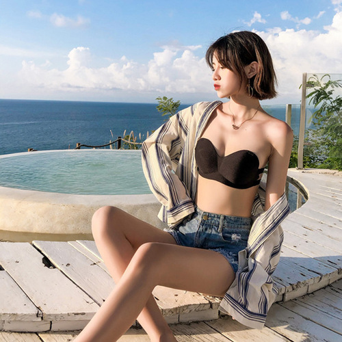 Non-slip invisible strapless push-up bralette with thin cup, backless, no underwire, seamless foundation bra