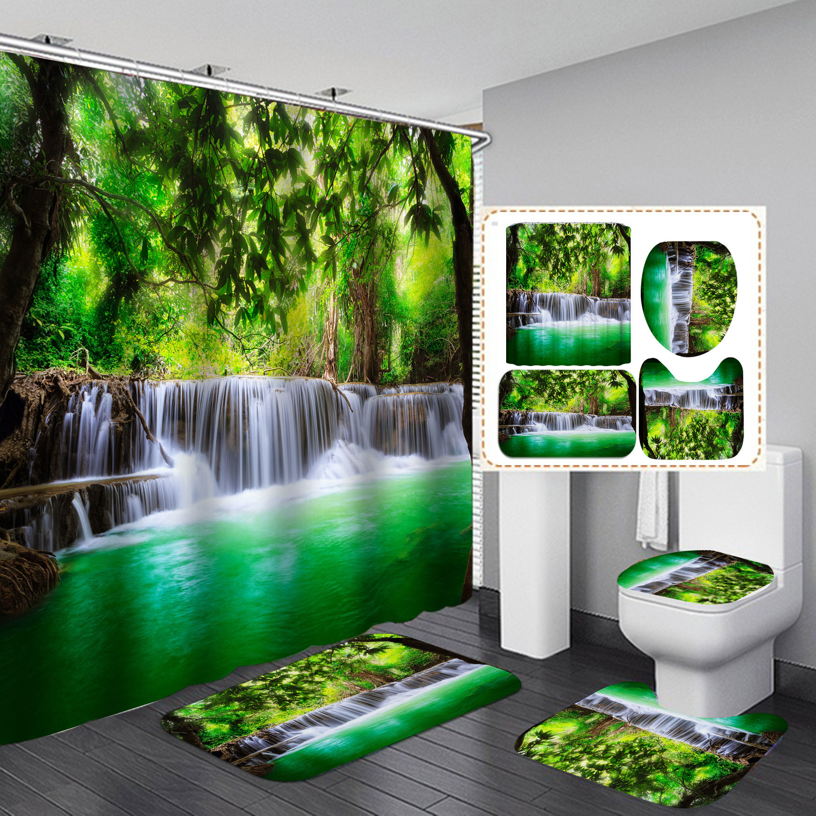 Suministro transfronterizo de cortinas de ducha de poliéster impermeables con estampado digital, serie cascada, resistentes al moho, suministro directo del fabricante, estilo moderno minimalista.