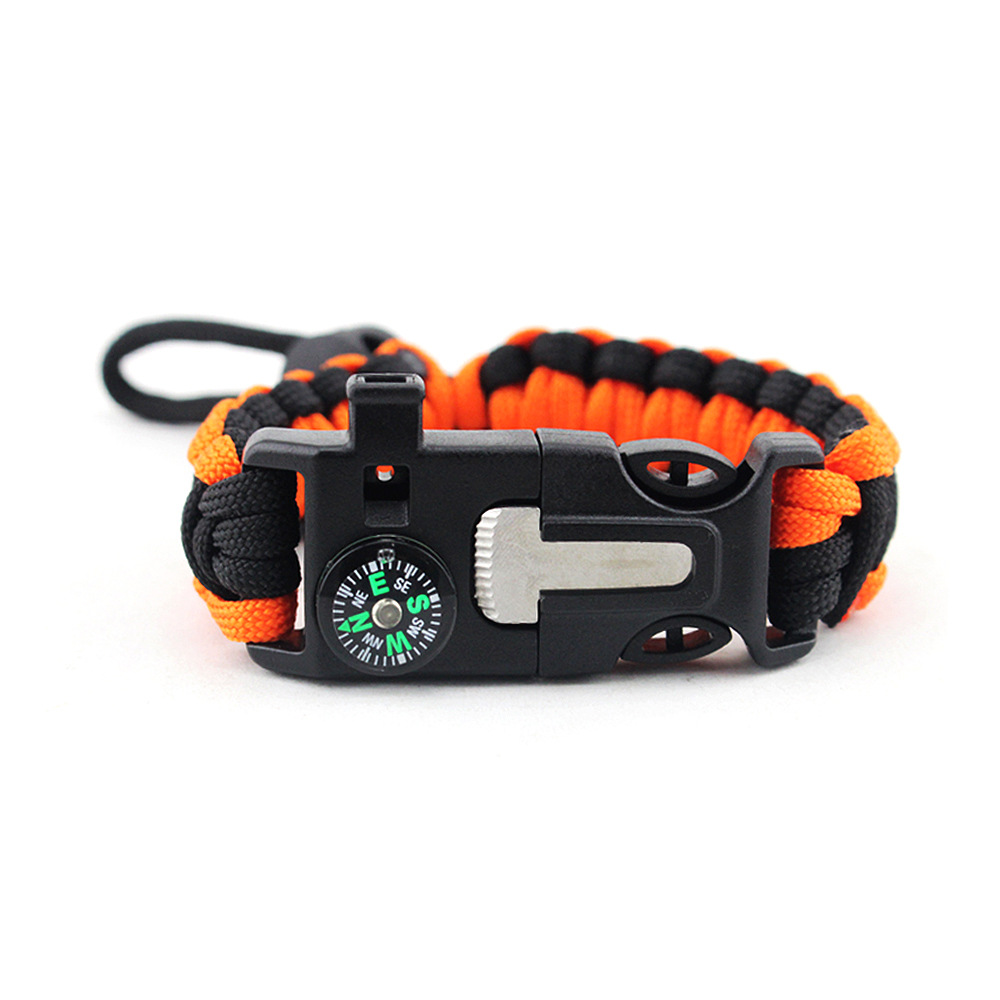Supervivencia de emergencia al aire libre paraguas cuerda tejida pulsera de campo táctico silbato brújula Flint pulsera ajustable