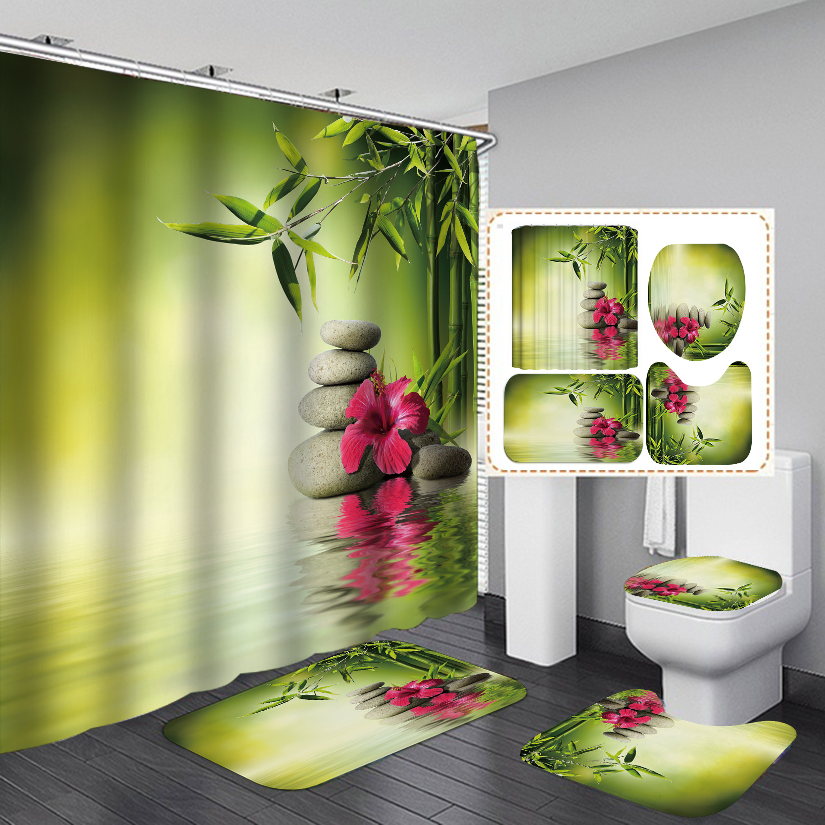 Transfronterizo HD Impresión digital agua laminada de bambú de poliéster baño partición Cortina de ducha de suministro directo de fábrica Cortina de ducha al por mayor