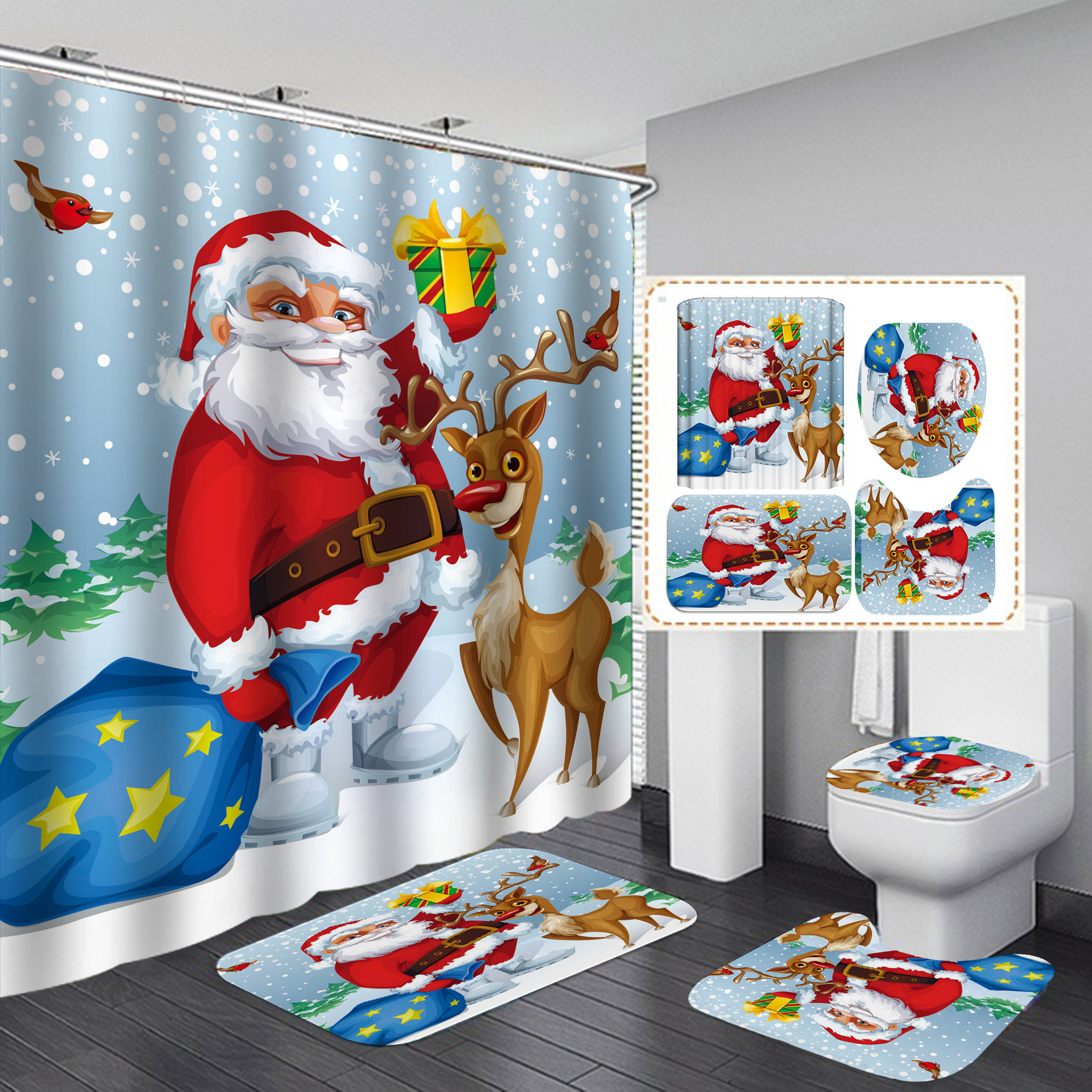 Comercio electrónico transfronterizo popular Impresión digital impermeable poliéster Santa Claus serie Cortina de ducha suministro directo de fábrica Cortina de ducha al por mayor