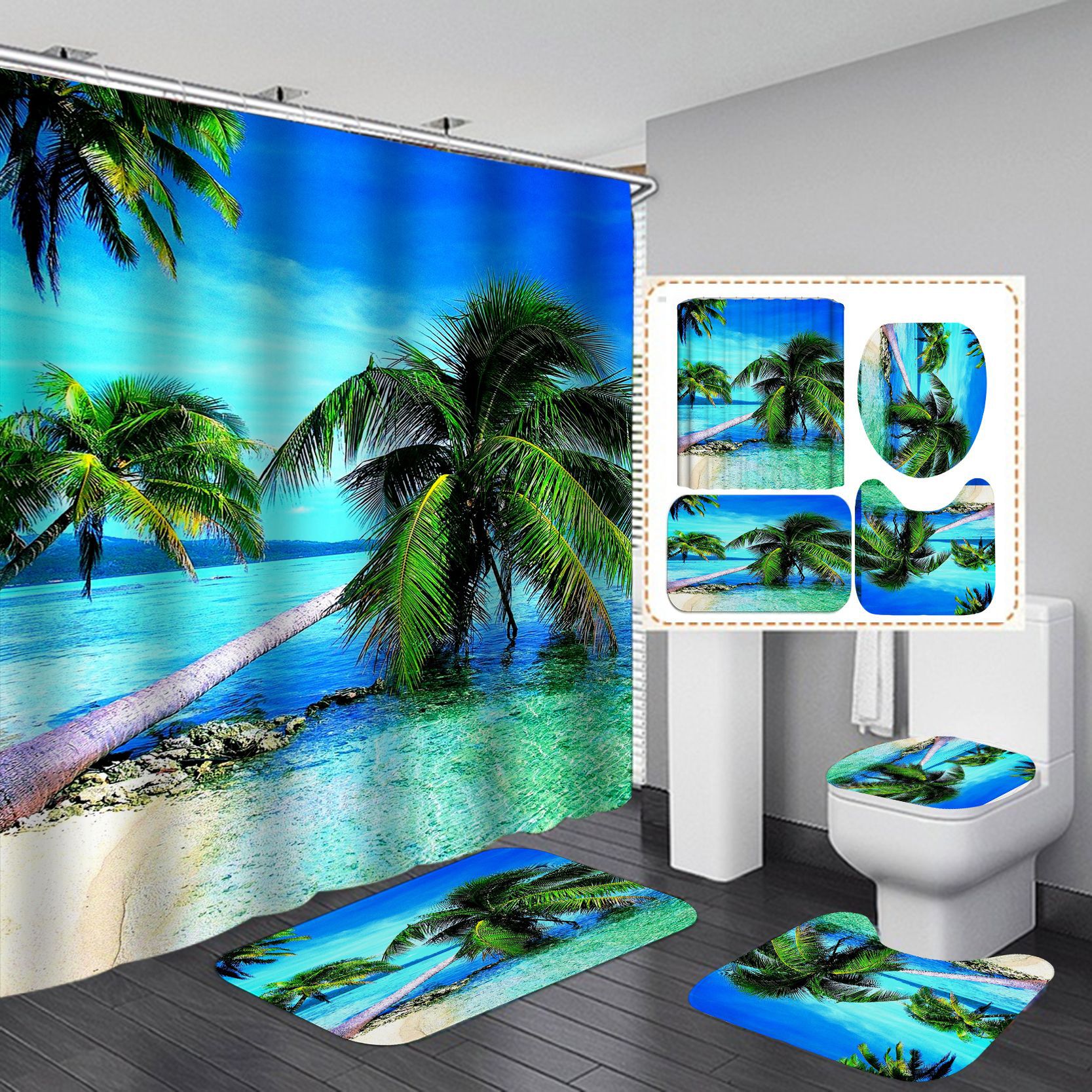 Cortina de ducha estilo europeo para baños de hotel, poliéster impermeable y antimoho, diseño digital de paisaje playero, superventas transfronterizo.