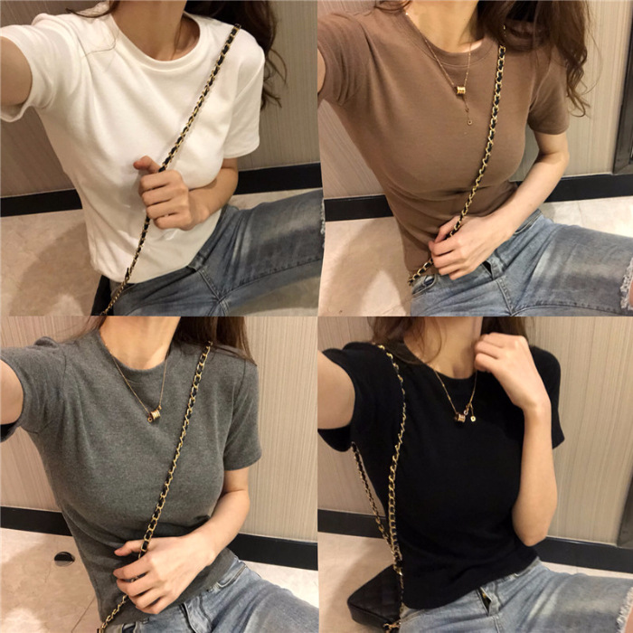 Camiseta básica elegante de moda coreana estilo retro con cuello redondo y manga corta para mujer, nueva colección primavera 2026, a la última.