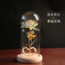 永生花玻璃罩金箔玫瑰花摆件情人节礼物圣诞节礼品LED铜线串灯罩