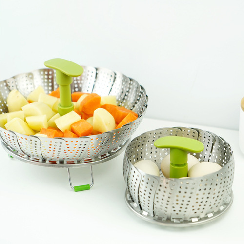Household stainless steel folding steamer, multifunctional egg steaming rack, telescopic handle, steamer, versatile steaming tray, color box