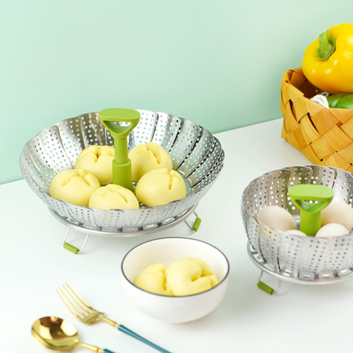 Household stainless steel folding steamer, multifunctional egg steaming rack, telescopic handle, steamer, versatile steaming tray, color box