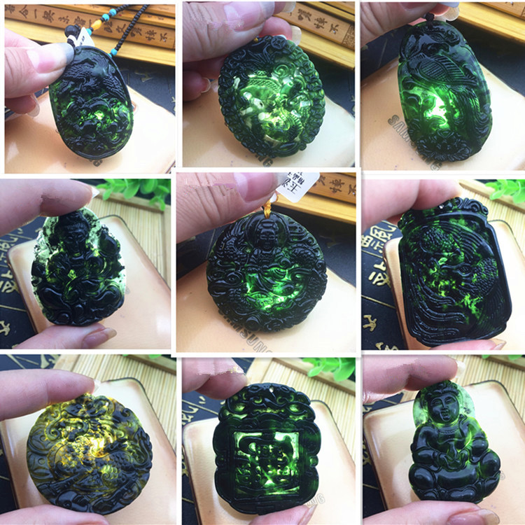 墨玉吊坠 蛇纹石玉黑墨玉挂件 打光透绿带磁性黑青玉龙牌男士玉牌