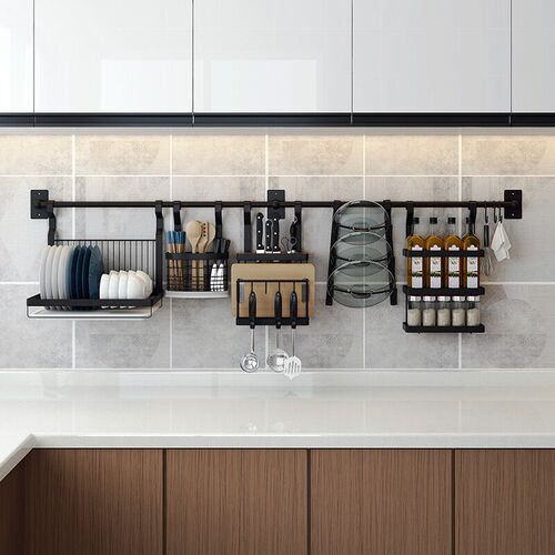 Stainless steel kitchen shelf without holes, black, multi-functional long hanging rod wall-mounted bowl and dish rack, spice rack, lid rack