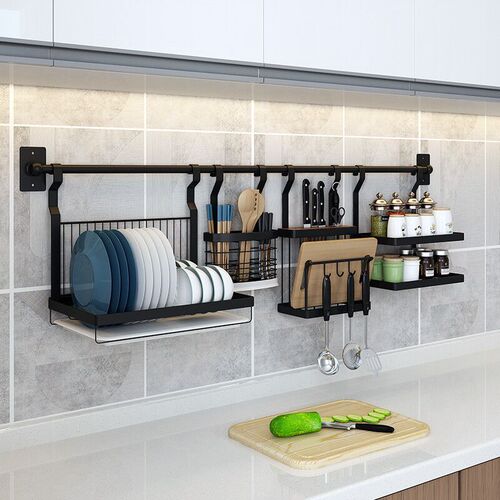 Stainless steel kitchen shelf without holes, black, multi-functional long hanging rod wall-mounted bowl and dish rack, spice rack, lid rack
