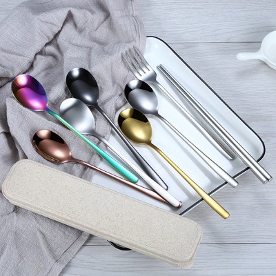 Korean 304 Stainless steel Spoon Fork chopsticks gift Three Portable student outdoors travel tableware suit