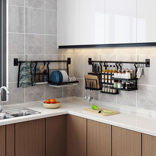 Stainless steel kitchen shelf without holes, black, multi-functional long hanging rod wall-mounted bowl and dish rack, spice rack, lid rack