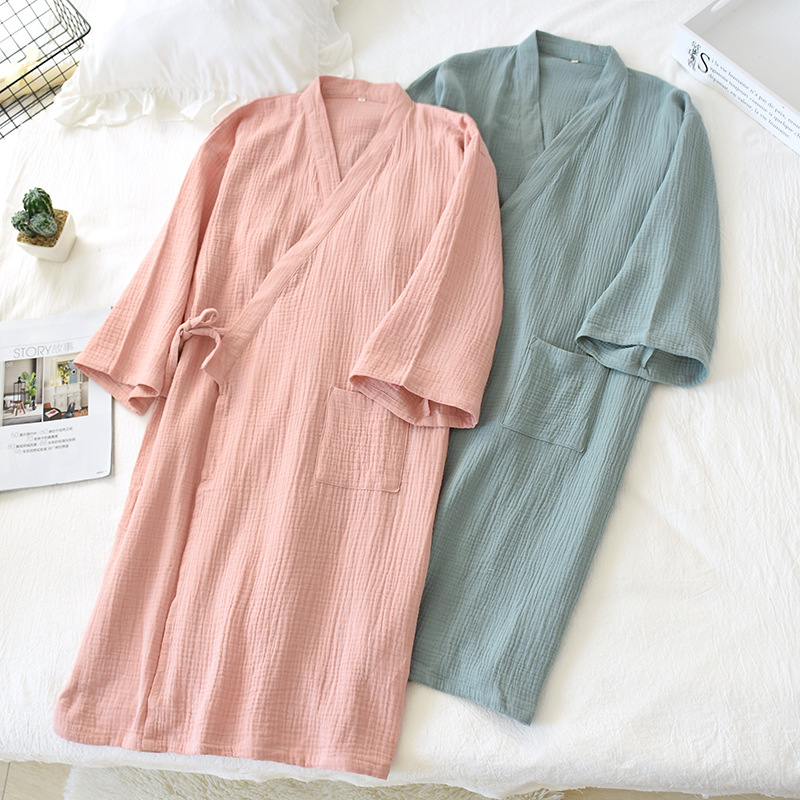 Pareja camisón tejido de algodón de doble capa de gasa para hombres y mujeres Bata para el hogar más el tamaño de pijamas lavados de hilo de algodón Albornoz crepe Delgado