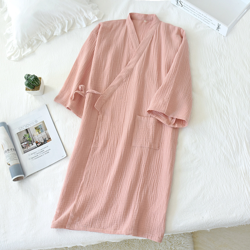 Pareja camisón tejido de algodón de doble capa de gasa para hombres y mujeres Bata para el hogar más el tamaño de pijamas lavados de hilo de algodón Albornoz crepe Delgado
