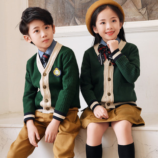 Kindergarten Clothing Spring and Autumn Sweater Cardigan British Style Children's Class Clothing Primary School Students' School Uniform Autumn and Winter Green Red Suit