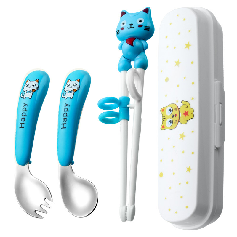 흰 고양이-파란색 구부러진 포크 스푼 젓가락-흰색 상자