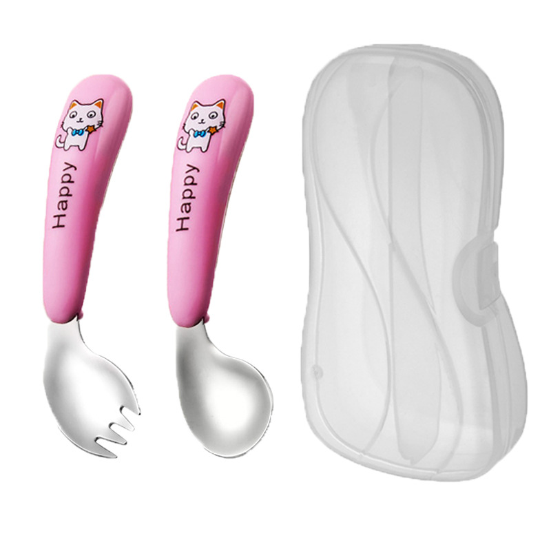 흰 고양이-분말 곡선 포크 스푼-투명 상자
