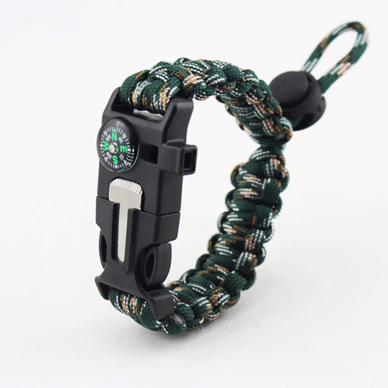 Supervivencia de emergencia al aire libre paraguas cuerda tejida pulsera de campo táctico silbato brújula Flint pulsera ajustable