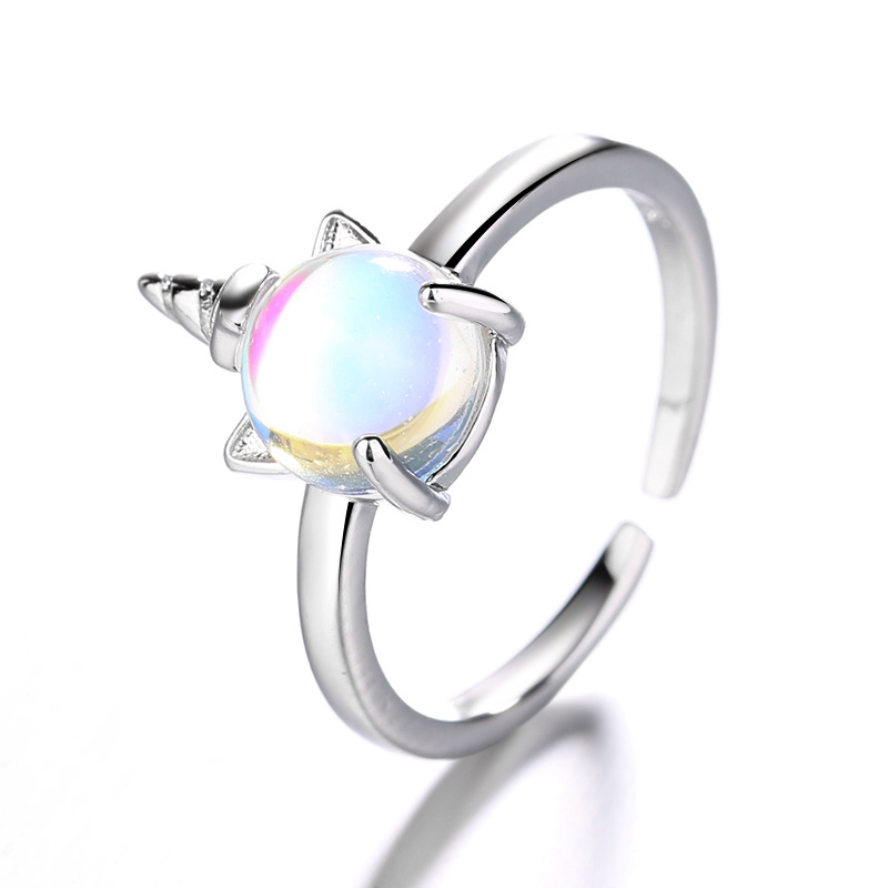 Anello con pietra di luna con unicorno Anello placcato in argento Accessori per gioielli regolabili di dimensioni aperte_voghion.com