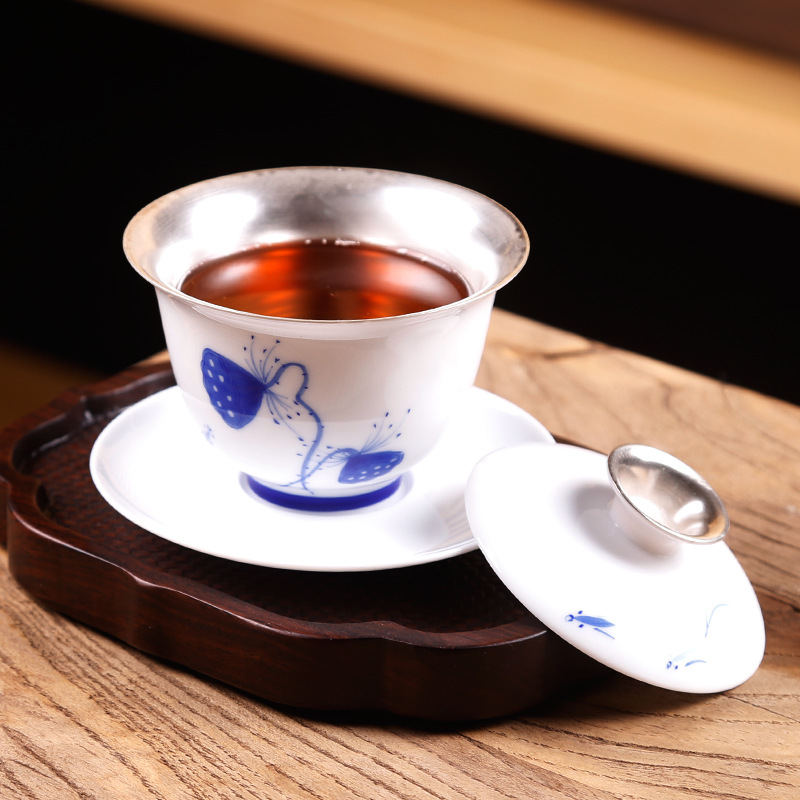Blue and white tea cup, tea set, enamel