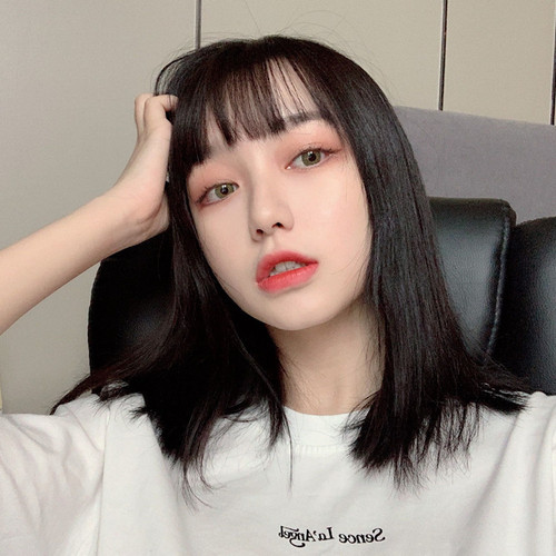Wig for women with medium-long hair, air bangs, shoulder-length clavicle hair, medium-long straight hair, inner buckle, temperament, face-shaping, chemical fiber full headgear