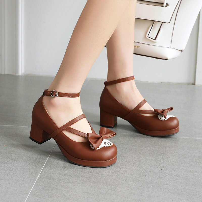 Round Toe Shallow Thick Bottom Lolita Shoes Bow High Heel Princess Lace Lolita Tea Party Shoes Women's Shoes
