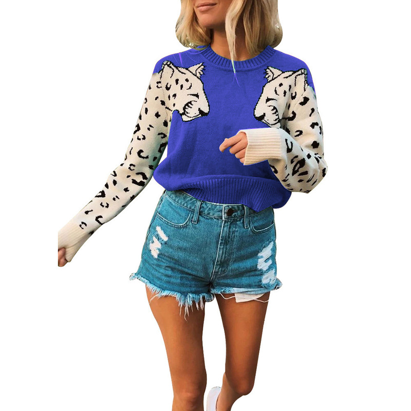2022 New Arrival Knitwear Women's Autumn and Winter Cross-Border Explosions Arm Leopard Pattern Long-Sleeved Slim-Fit Pullover Sweater for Women