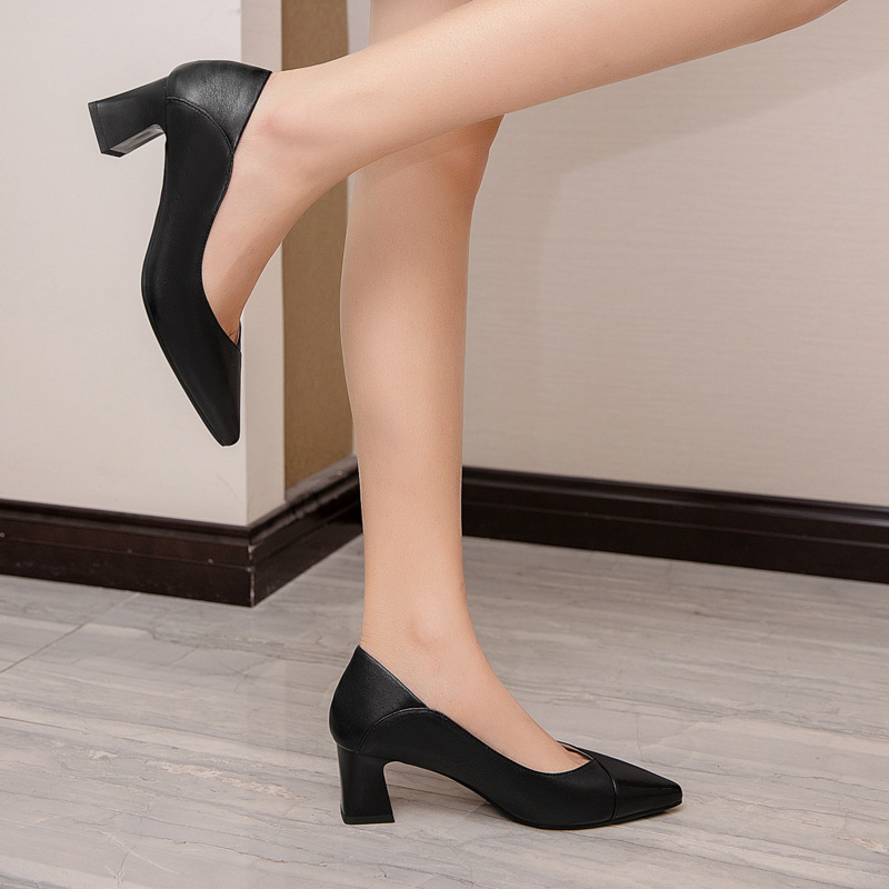 Thick-Heeled Single Shoes for Women, Medium-Heeled Black Work Leather Shoes, Fashionable and Versatile, Soft-Soled Comfortable Work Shoes, High-Heeled Shoes