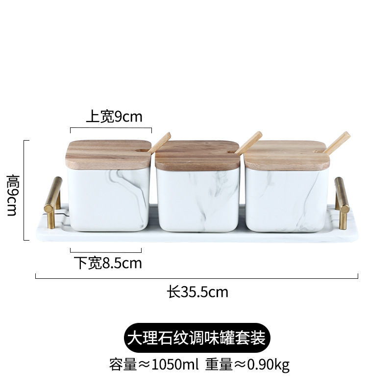 Directo de fábrica mango de oro tarro de condimento suministros de cocina tarro de condimento de tres piezas con cuchara caja de condimento de cerámica hogar creativo