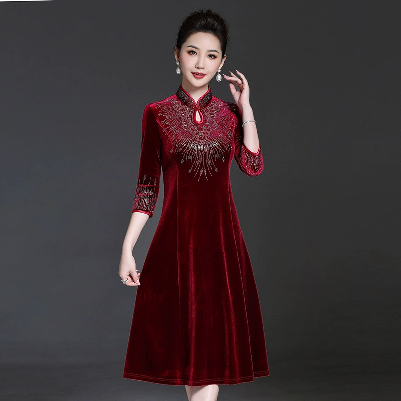 Весенний и летний новый золотой бархат ретро мама одежда чонсам свадебный банкет чонсам платье с рукавами