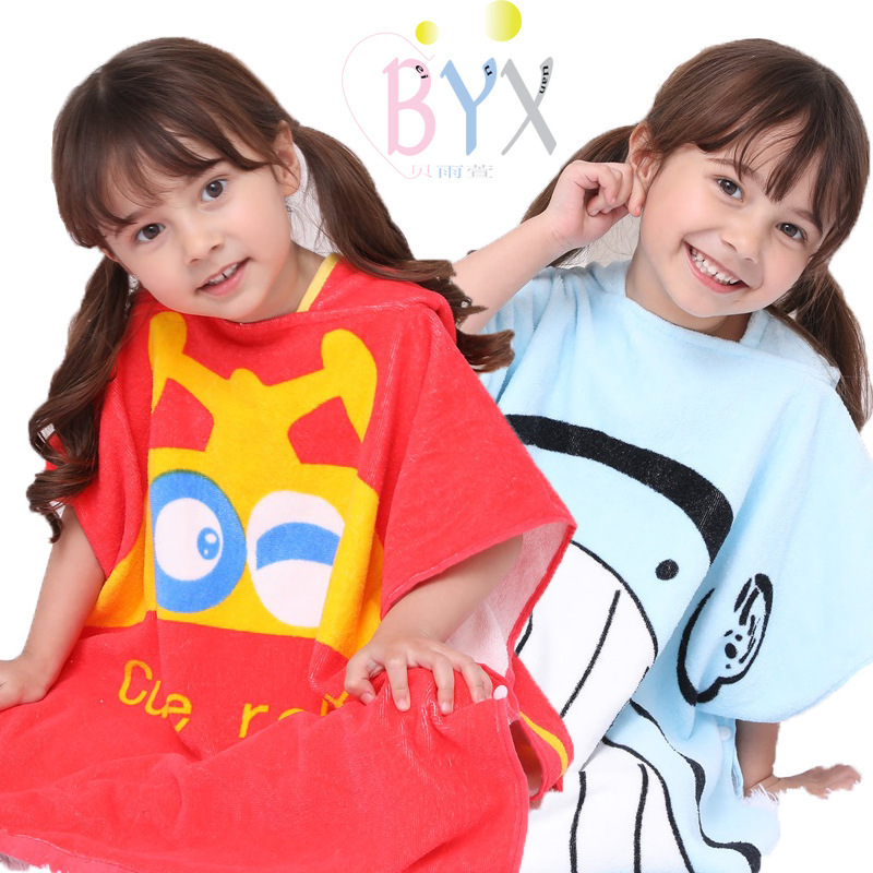 Factory Direct Sales Cartoon Children's Bathrobe Pure Cotton Cut Velvet Print Cartoon Animal Cloak Baby Hooded Bath Towel Beach