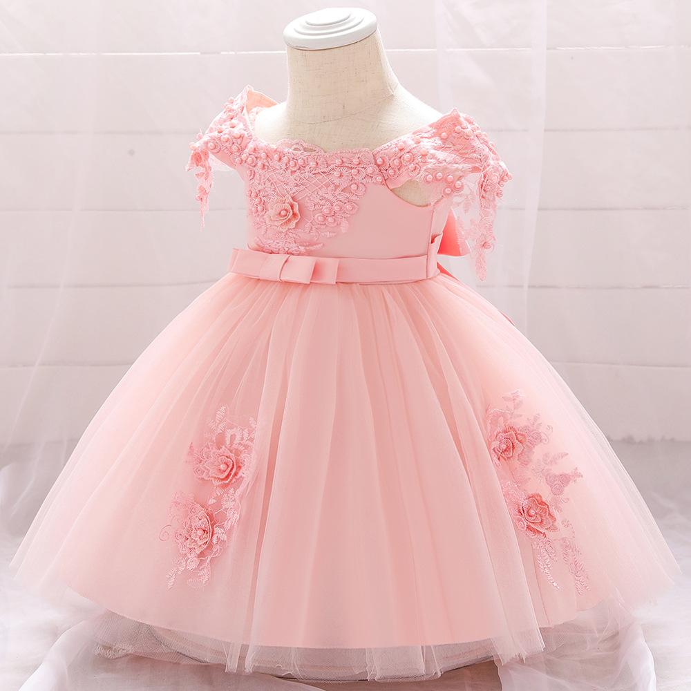 2024 European and American Girls One Year Old Dress Pearl Decal Princess Dress off-shoulder Baby Wedding Princess Dress