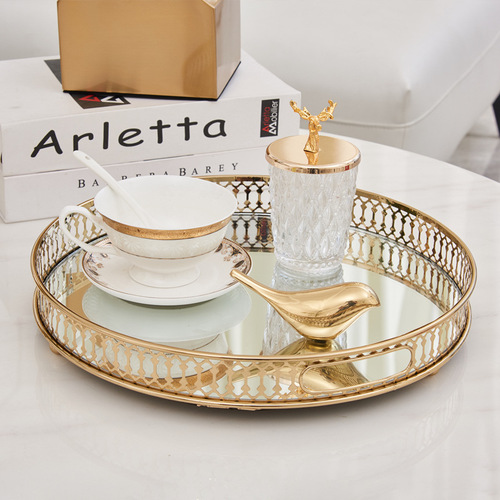 Nordic-style metal mirror surface tray desktop coffee table storage tray model room decoration item American glass fruit plate