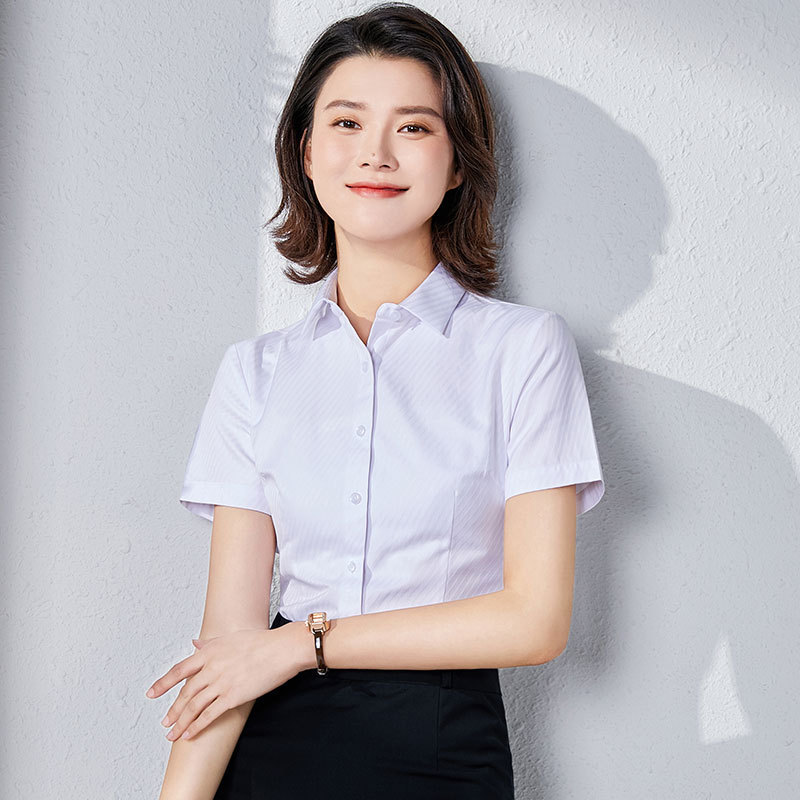 [50% Cotton CVC] Women's Non-ironing Wide Striped Cotton Shirt Women's Summer Dress Shirt Office Professional Shirt