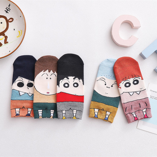 Korean New Cartoon Straight Leg Socks for Girls, Crayon Shin-chan Personality Boat Socks, Cotton Sweat Absorbent Anti-Odor Women's Socks Wholesale