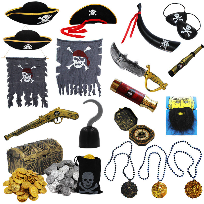 Halloween Performance Props Cos Pirate Dress Up Accessories Skull Eyeshade Hat Hook Flag Telescope Weapon Knife Gun